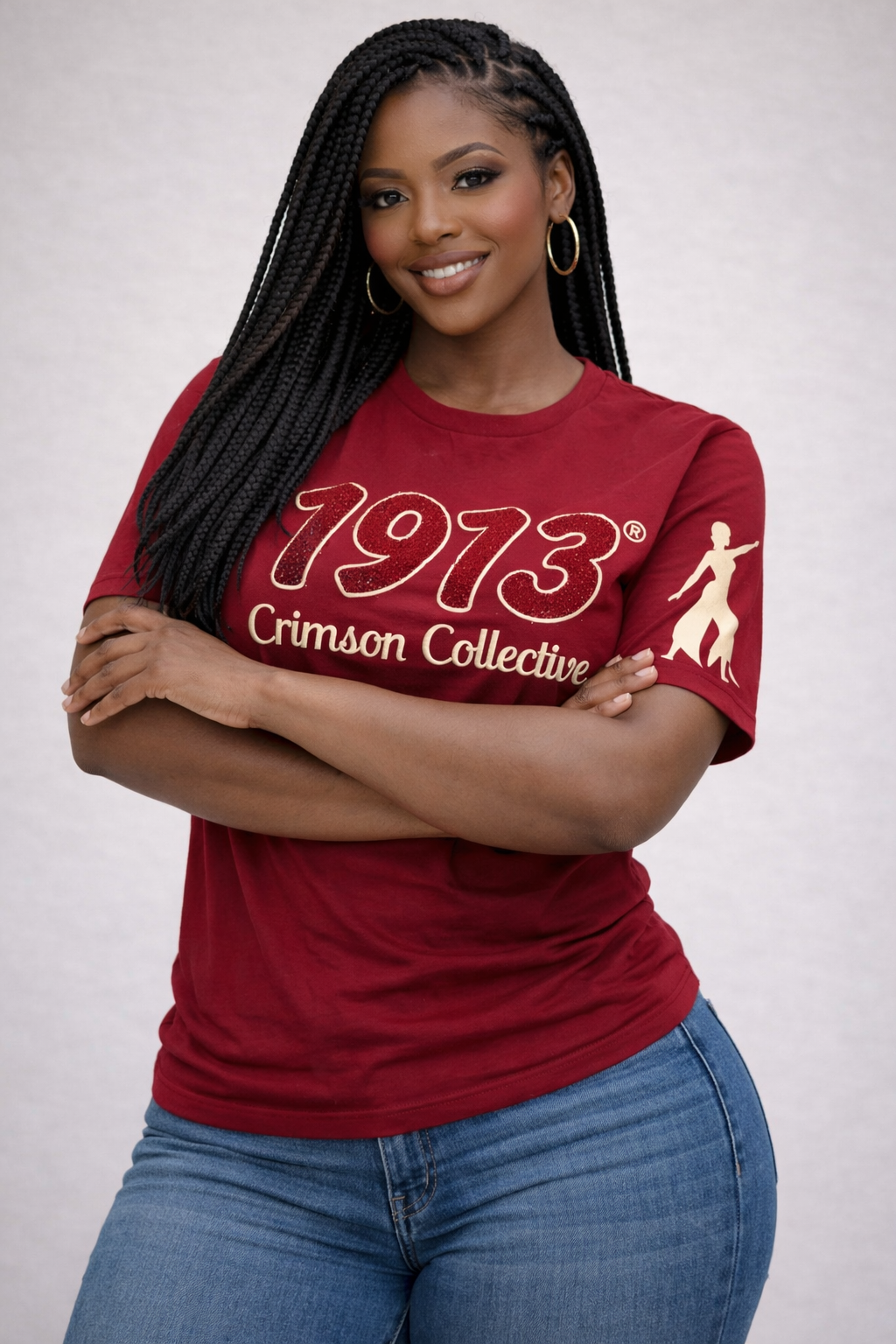 Side view of Crimson Collective 1913 embroidered tee with structured fit