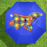 Folded Virgin Islands Gyal umbrella with printed island slogan