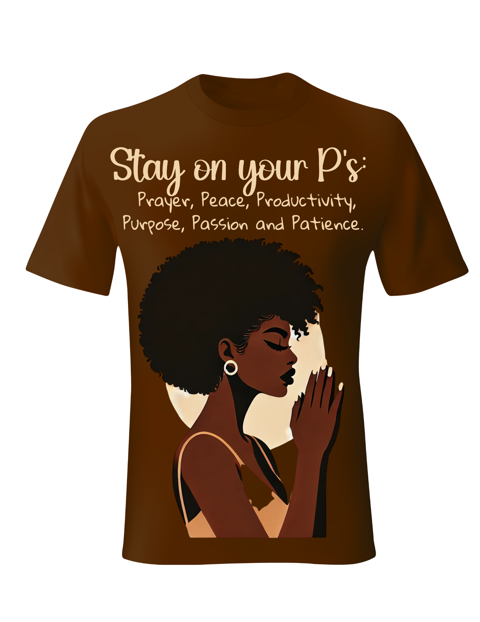 Woman wearing Stay on Your P’s motivational statement t-shirt styled casually
