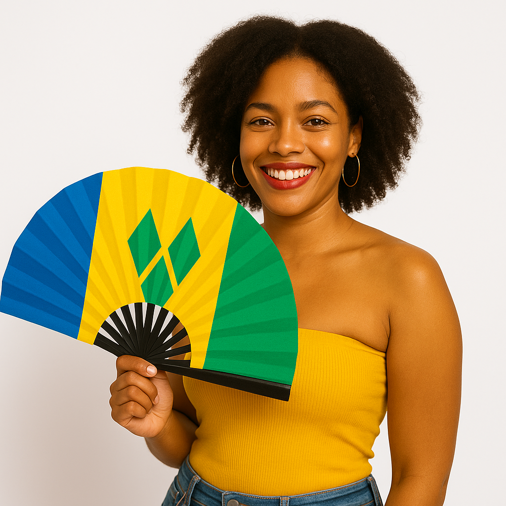 Woman holding Caribbean Loud Clacking fan at cultural event