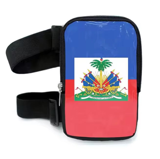 Woman wearing Carnival Caribbean flag leg bag styled for festival or carnival