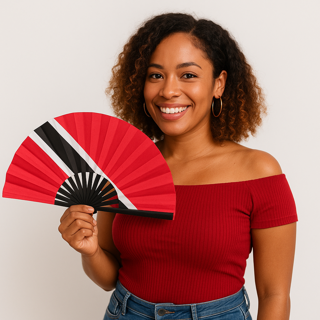Caribbean clack fan with Feet on the Ground Flags in the Air design styled for carnival celebration