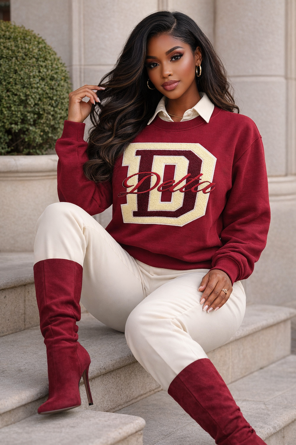 Crimson Delta Sigma Theta crewneck sweatshirt featuring chenille D patch and embroidered script