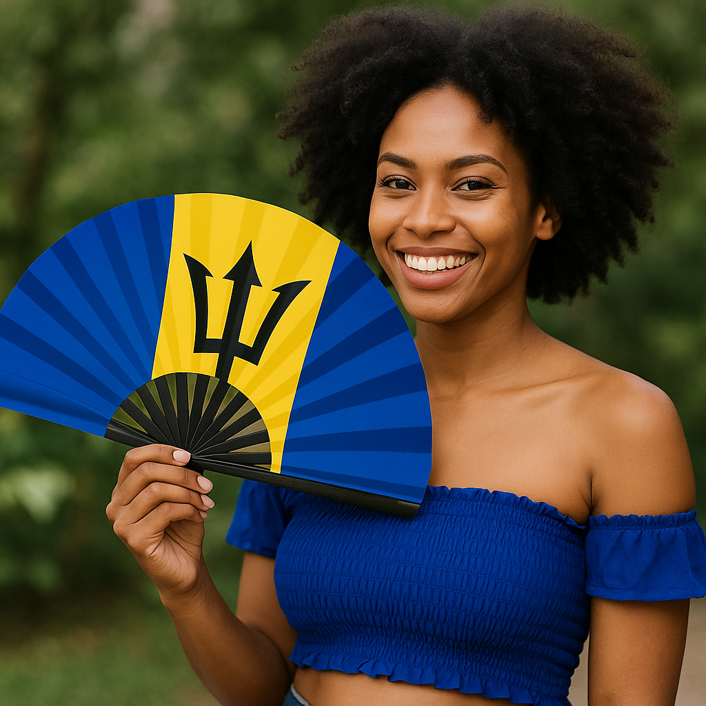 Folded Caribbean Loud Clacking hand fan with printed slogan