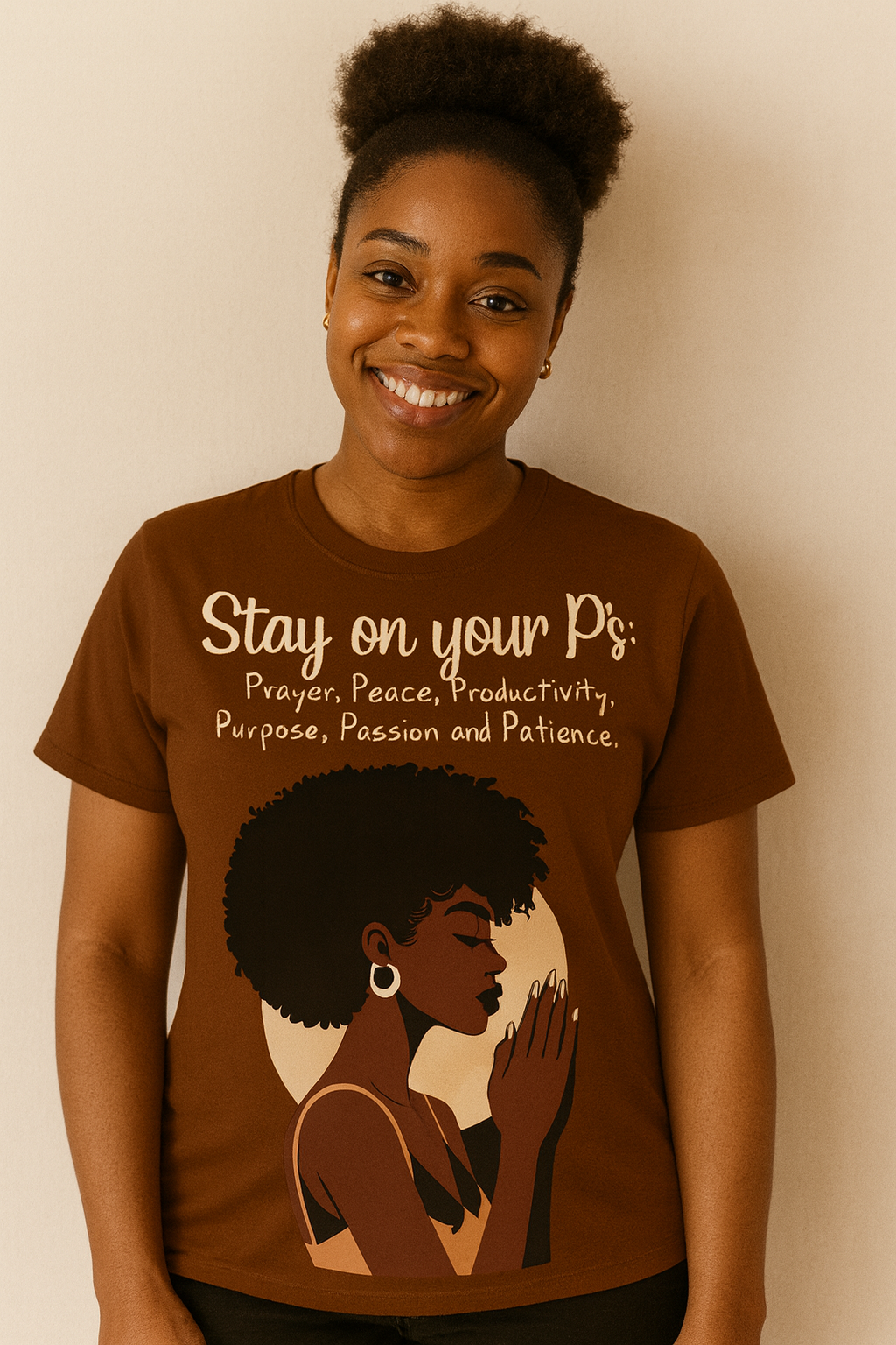 Close-up of Stay on Your P’s Prayer Peace Productivity Purpose Passion Patience print on cotton tee