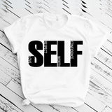 Self Love graphic t-shirt with bold positive message for women