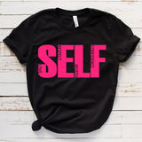 Close-up of Self Love slogan printed on cotton t-shirt
